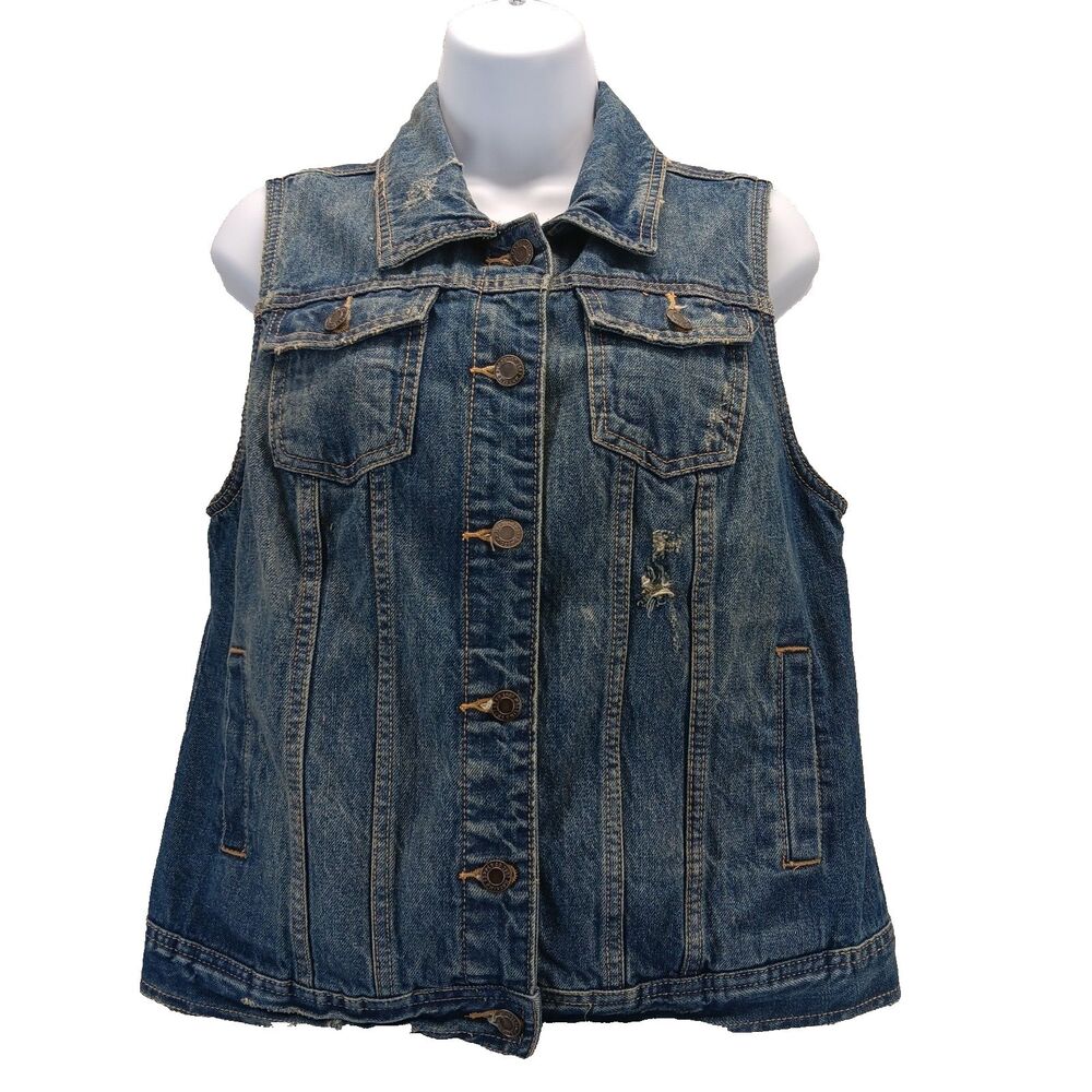 Mossimo Women Sz L Blue Denim Jean Vest Distressed Button Up Trucker Western Y2K